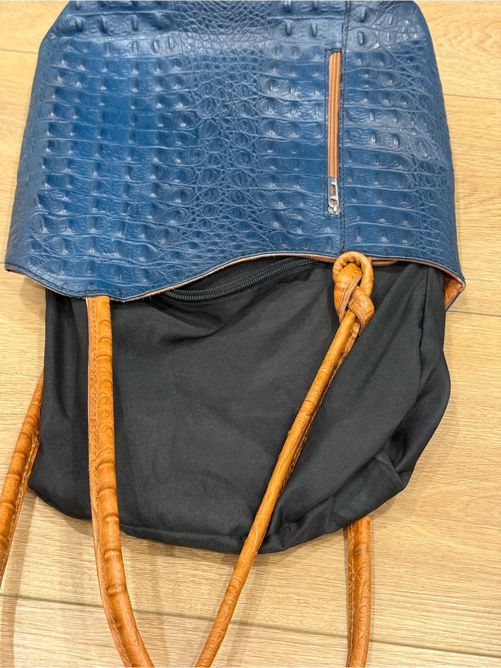 Italian Genuine Leather Croc Embossed Tote Bag Blue Cognac Shoulder Purse - Picture 6 of 12